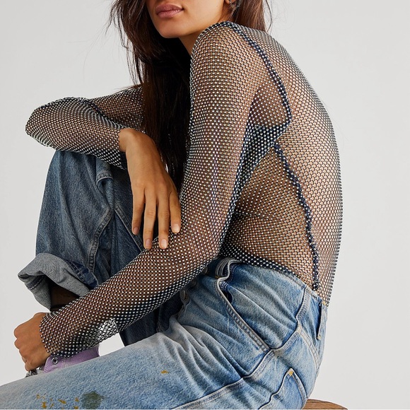 Free People Tops - Free People Crystal Mesh Long Sleeve Black Top Shinny